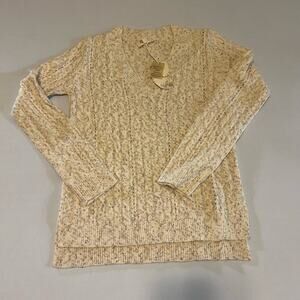 Hem & thread ivory marled knit v-neck cable knit sweater S